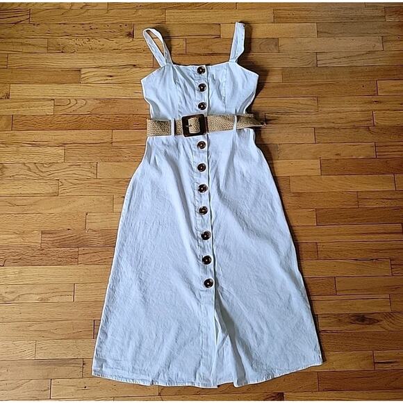 Forever 21 Belted Linen Blend Midi Sun Dress Fit Flare Coastal Summer - Picture 3 of 12